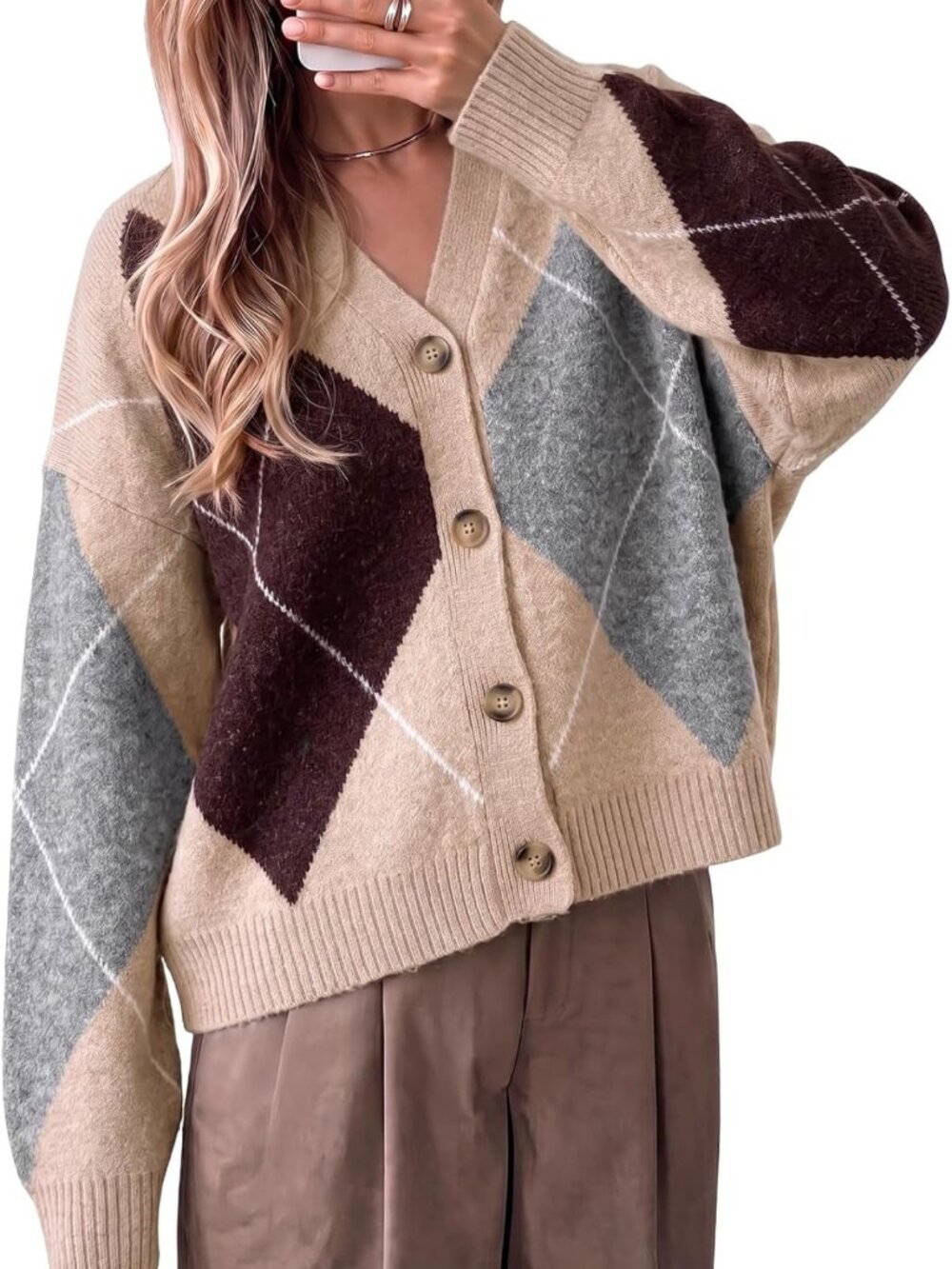 Plaid Color Block Long Sleeve Cardigan Sweater for Women - V Neck Knit Top